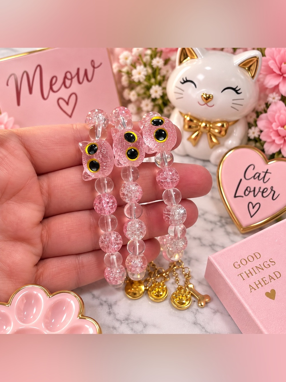 Pink Cat Beaded Bracelet Set 3 Pc Cute Kawaii Pink Clear Gold Tone